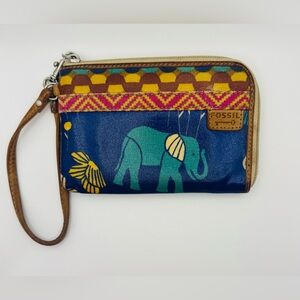 Fossil Key-Per Elephant Wristlet Wallet Multicolor Canvas Leather